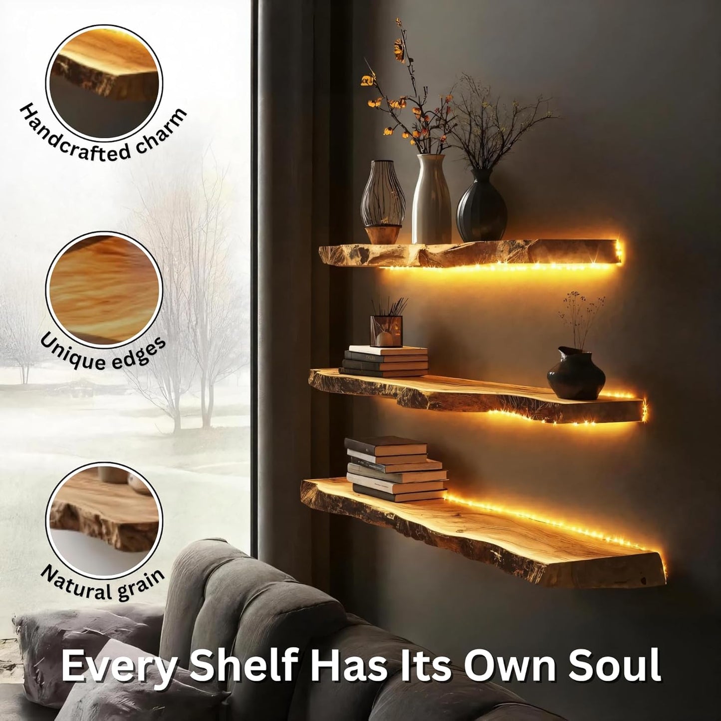 Live Edge Floating Shelves - Solid Monkey Pod Wood, Heavy Duty Hidden Brackets, Handcrafted Farmhouse Wall Mounted Decor for Bedroom & Living Room - Natural, 12 X 8 X 1.4 In, Set of 1