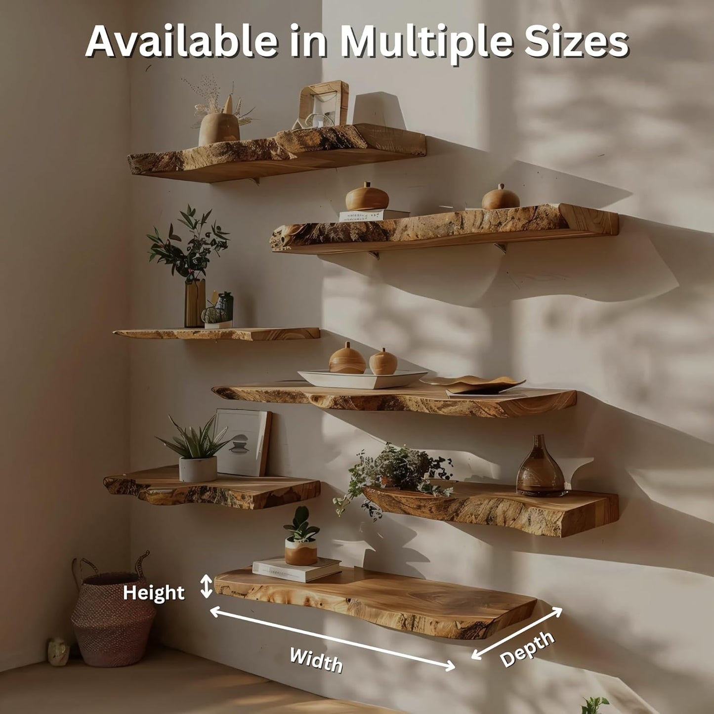 Live Edge Floating Shelves - Solid Monkey Pod Wood, Heavy Duty Hidden Brackets, Handcrafted Farmhouse Wall Mounted Decor for Bedroom & Living Room - Natural, 12 X 8 X 1.4 In, Set of 1