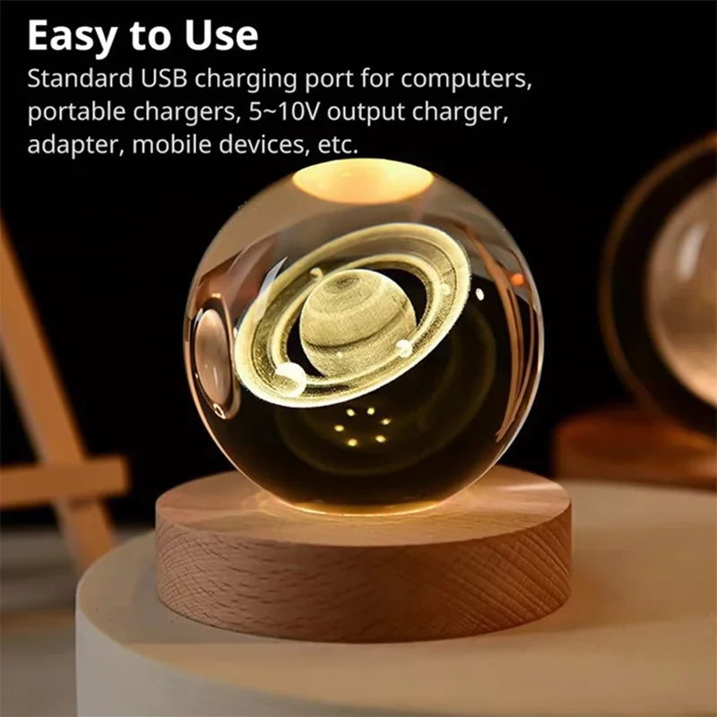 3D Saturn Crystal Ball Laser Engraved Glass Ball Globe Galaxy Astronomy with Wood Base Planets Ball for Birthday Christmas