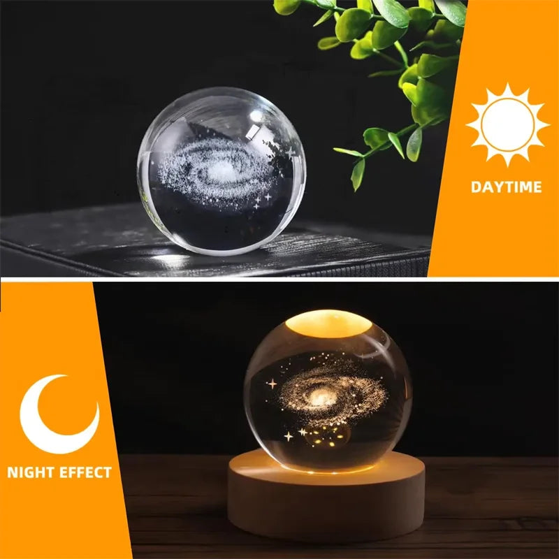 3D Saturn Crystal Ball Laser Engraved Glass Ball Globe Galaxy Astronomy with Wood Base Planets Ball for Birthday Christmas