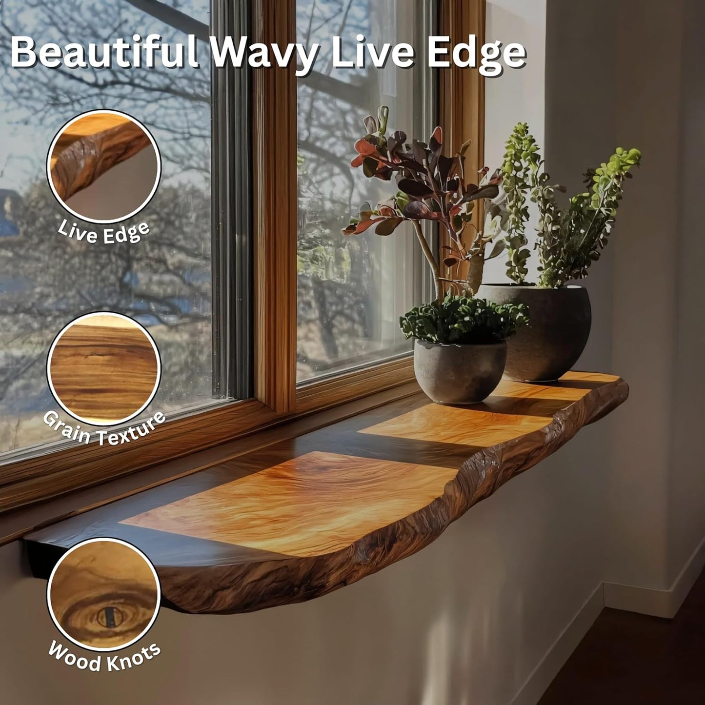 Live Edge Floating Shelves - Solid Monkey Pod Wood, Heavy Duty Hidden Brackets, Handcrafted Farmhouse Wall Mounted Decor for Bedroom & Living Room - Natural, 12 X 8 X 1.4 In, Set of 1