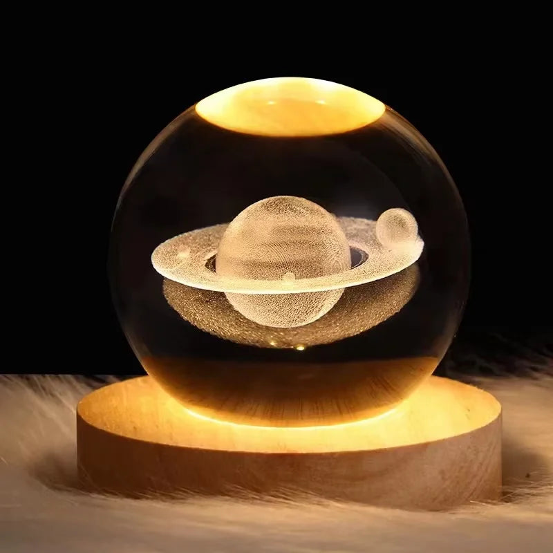 3D Saturn Crystal Ball Laser Engraved Glass Ball Globe Galaxy Astronomy with Wood Base Planets Ball for Birthday Christmas