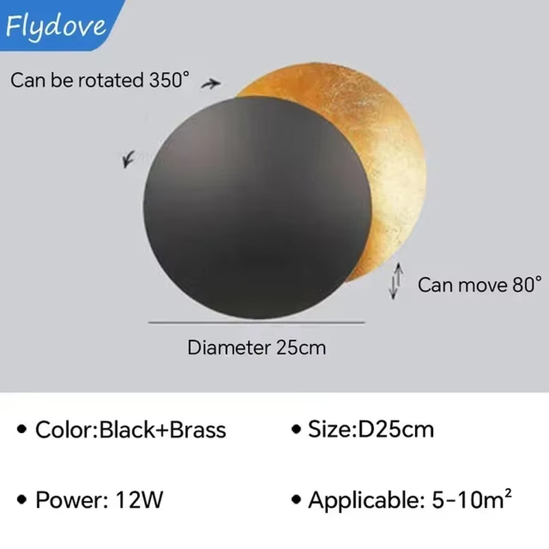 Modern LED Wall Light Rotatable Solar Eclipse Black Gold Wall Lamp for Bedroom Hotel Living Room Rotatable Lighting Fixture