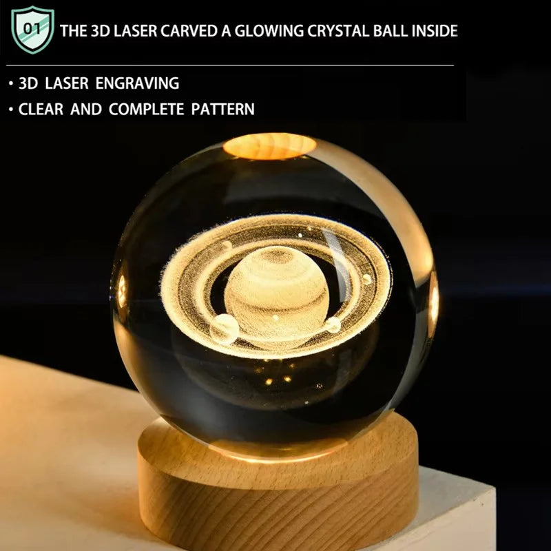 3D Saturn Crystal Ball Laser Engraved Glass Ball Globe Galaxy Astronomy with Wood Base Planets Ball for Birthday Christmas