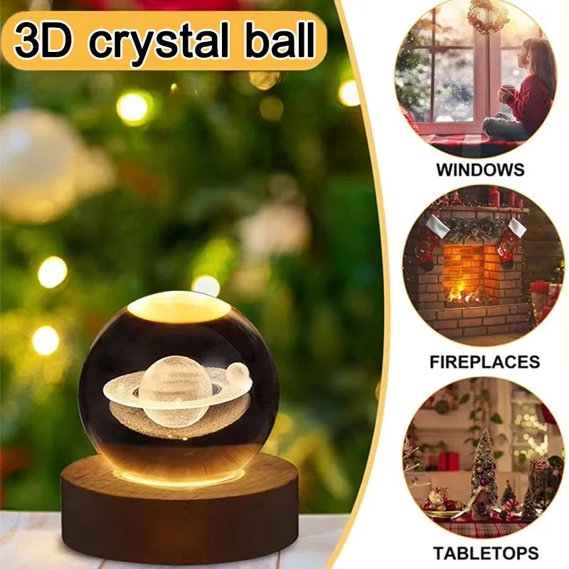 3D Saturn Crystal Ball Laser Engraved Glass Ball Globe Galaxy Astronomy with Wood Base Planets Ball for Birthday Christmas