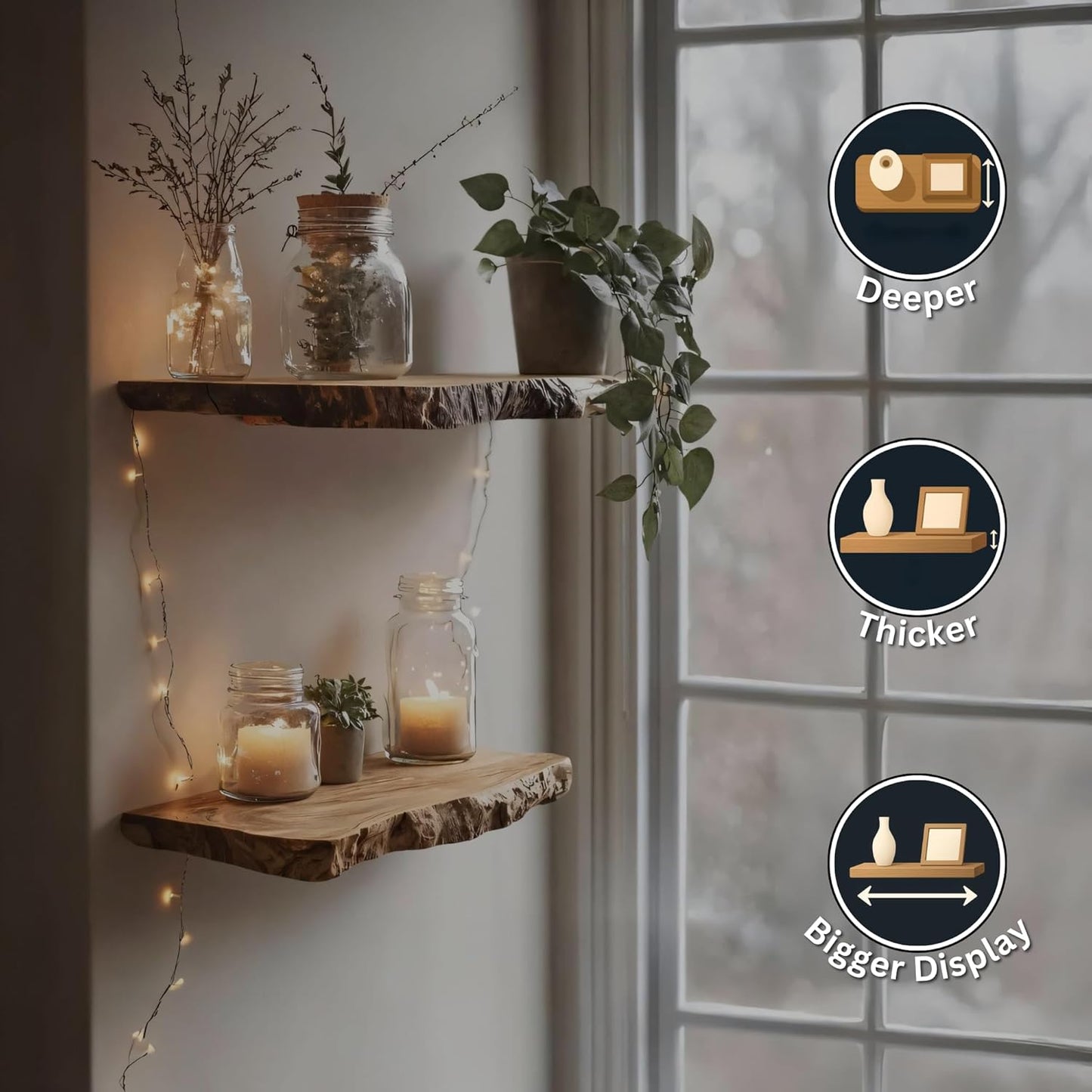 Live Edge Floating Shelves - Solid Monkey Pod Wood, Heavy Duty Hidden Brackets, Handcrafted Farmhouse Wall Mounted Decor for Bedroom & Living Room - Natural, 12 X 8 X 1.4 In, Set of 1