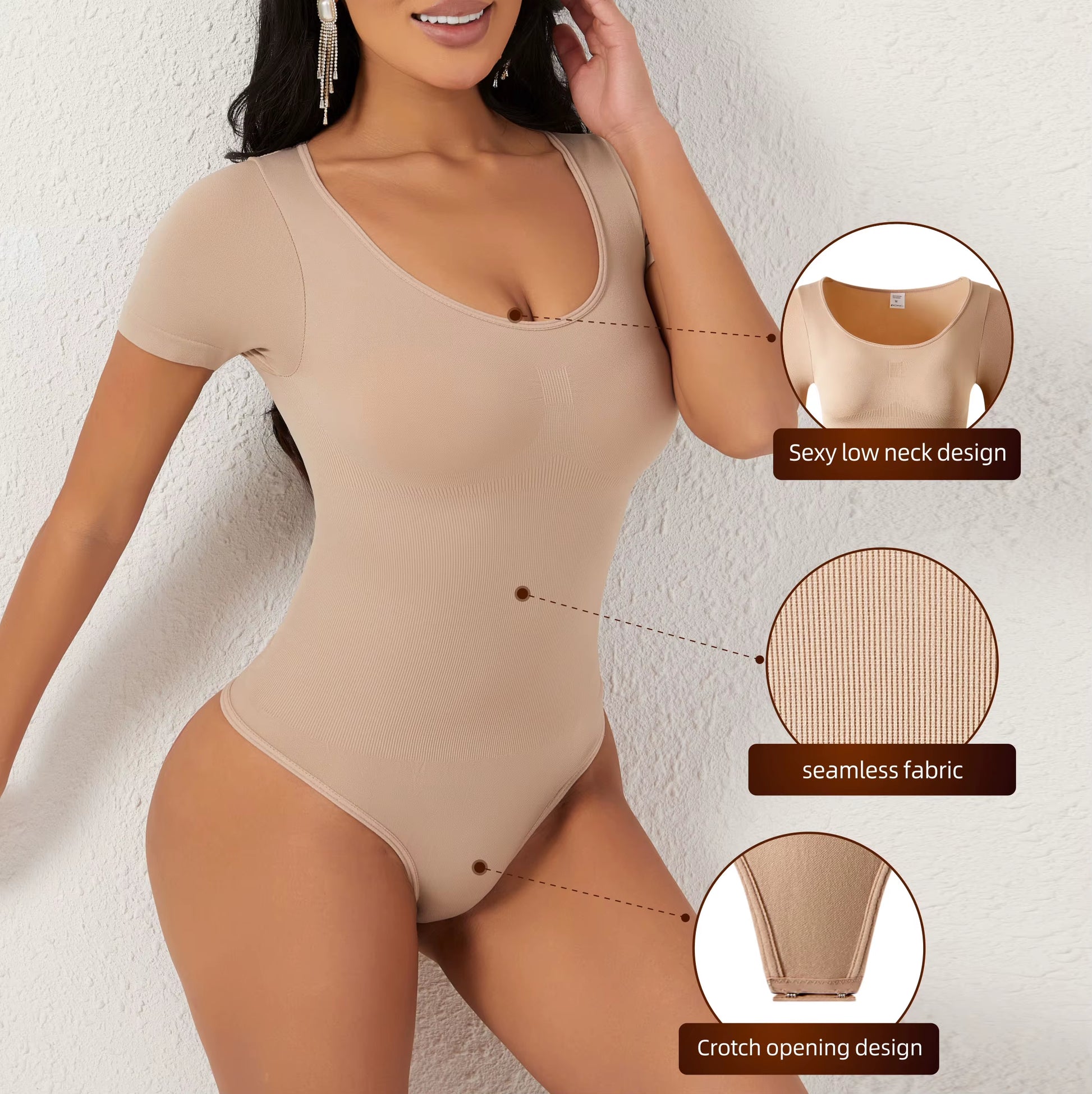 Short Sleeves Open Crotch Big U Neck Sexy Shapers Bodysuit Shapewear Women Body Shaper Tummy Control Corset Thong Underwear