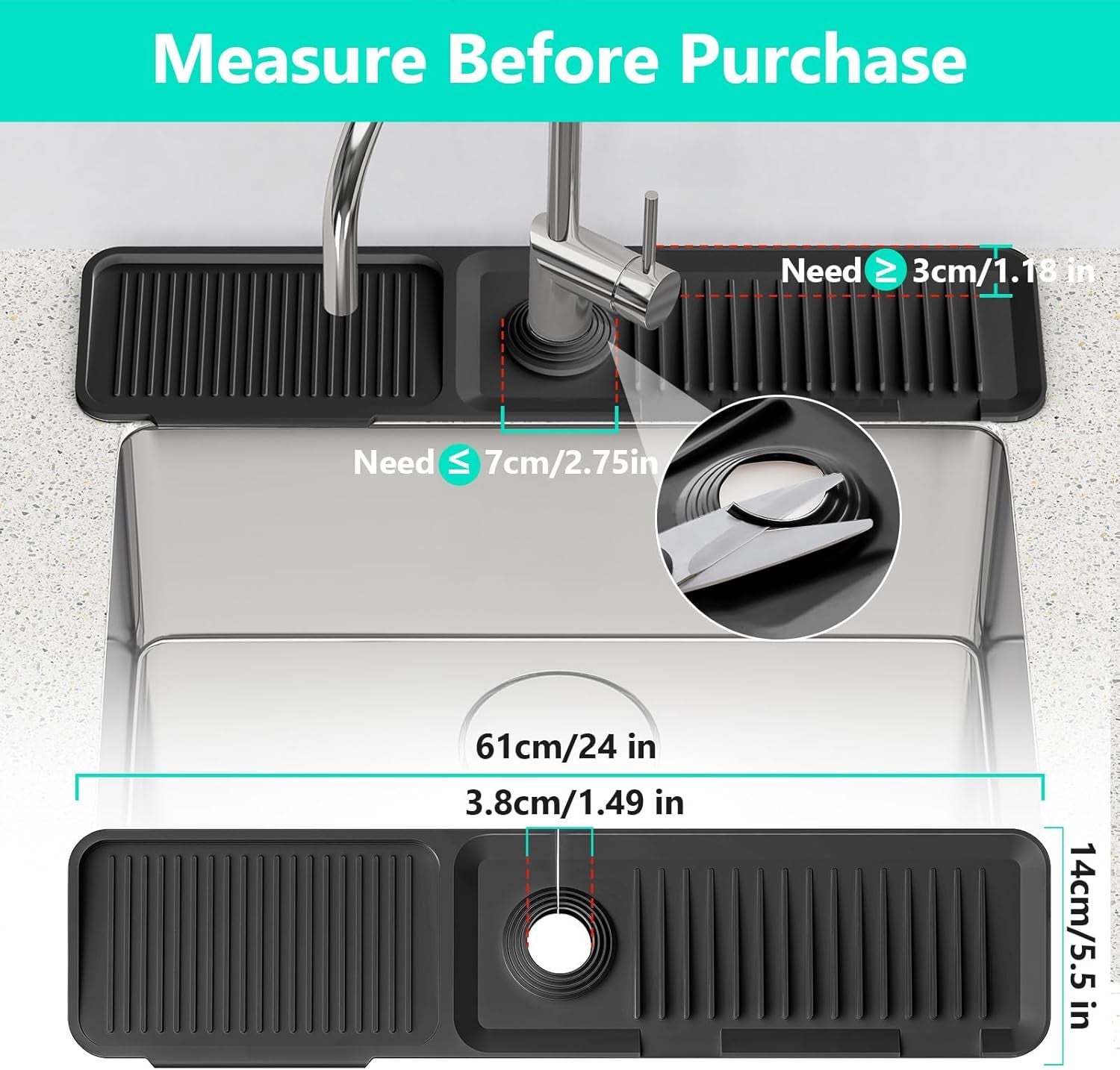 24 Inch Longer Faucet Mat for Kitchen Sink, 5° Slope Fast Self-Draining, Kitchen Sink Splash Guard Silicone Sink Faucet Mat Splash Guard Kitchen Sink Area Tidy Splash Faucet Guard Draining Mat