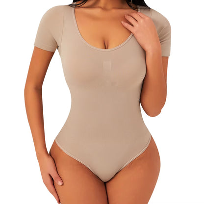 Short Sleeves Open Crotch Big U Neck Sexy Shapers Bodysuit Shapewear Women Body Shaper Tummy Control Corset Thong Underwear