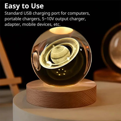 3D Saturn Crystal Ball Laser Engraved Glass Ball Globe Galaxy Astronomy with Wood Base Planets Ball for Birthday Christmas