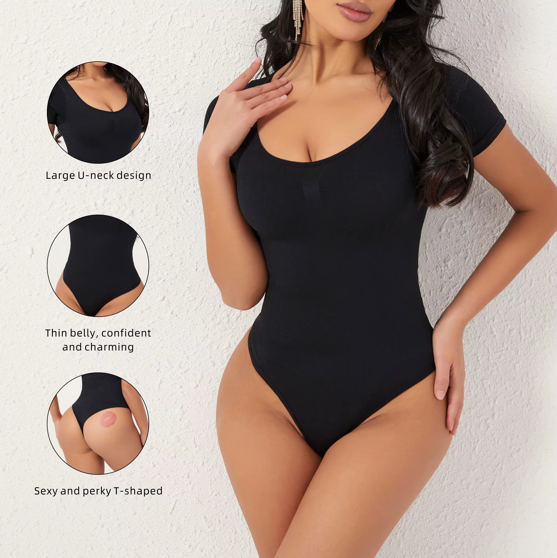 Short Sleeves Open Crotch Big U Neck Sexy Shapers Bodysuit Shapewear Women Body Shaper Tummy Control Corset Thong Underwear