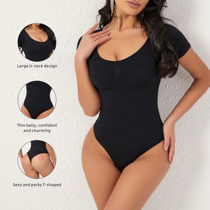 Short Sleeves Open Crotch Big U Neck Sexy Shapers Bodysuit Shapewear Women Body Shaper Tummy Control Corset Thong Underwear