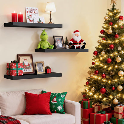 Floating Shelves for Wall, Wall Mounted Rustic Wood Shelves for Bathroom, Bedroom, Living Room, Kitchen, Hanging Shelf for Books/Storage/Room Decor with 22Lbs Capacity (Black, Set of 3, 15.7In)