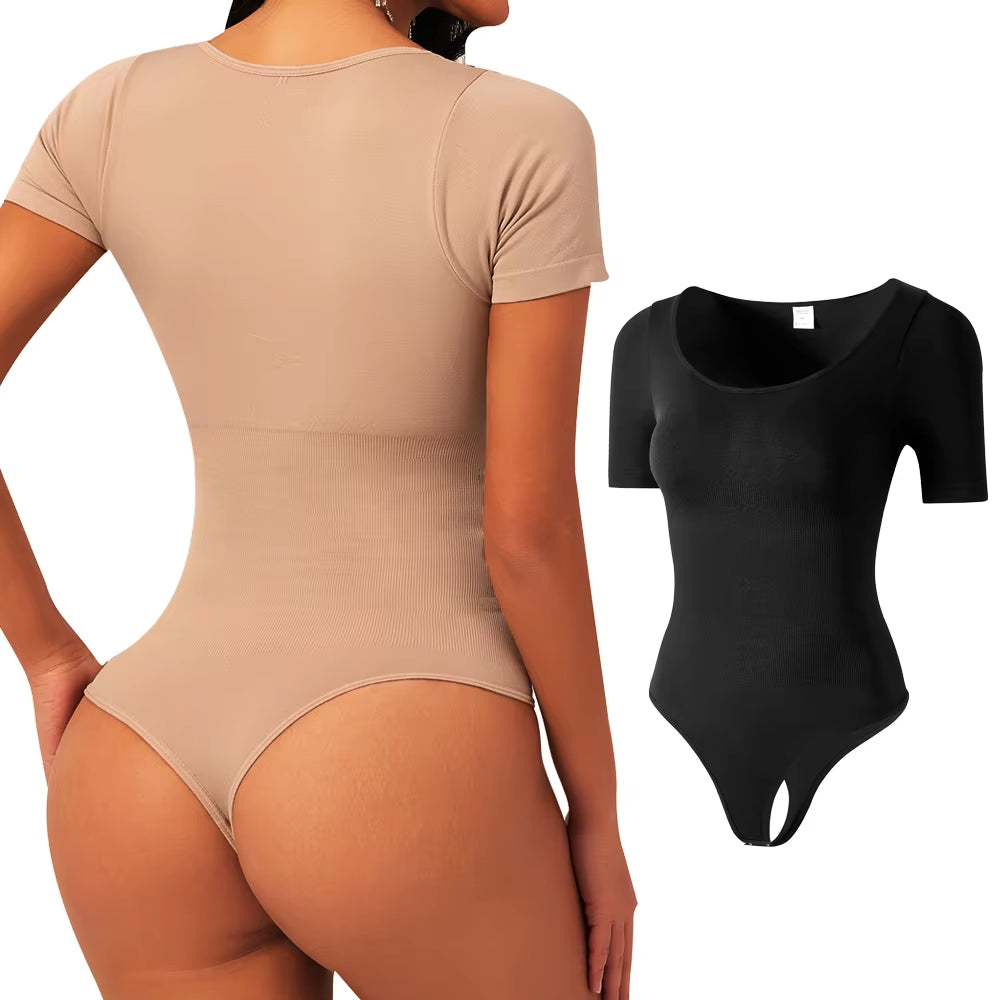 Short Sleeves Open Crotch Big U Neck Sexy Shapers Bodysuit Shapewear Women Body Shaper Tummy Control Corset Thong Underwear
