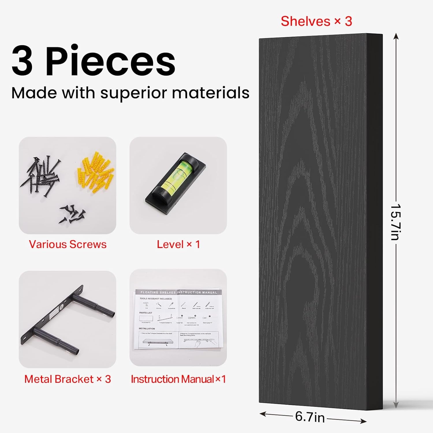 Floating Shelves for Wall, Wall Mounted Rustic Wood Shelves for Bathroom, Bedroom, Living Room, Kitchen, Hanging Shelf for Books/Storage/Room Decor with 22Lbs Capacity (Black, Set of 3, 15.7In)