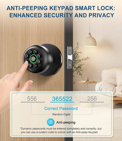 Fingerprint Door Lock, Smart Fingerprint Door Knob with Keypad, Biometric Door Knobs with App Control, Auto Lock Door Lock with Code, Keyless Door Knob with Locks for Bedroom, Home,Office-Matte Black
