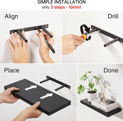 Floating Shelves for Wall, Wall Mounted Rustic Wood Shelves for Bathroom, Bedroom, Living Room, Kitchen, Hanging Shelf for Books/Storage/Room Decor with 22Lbs Capacity (Black, Set of 3, 15.7In)