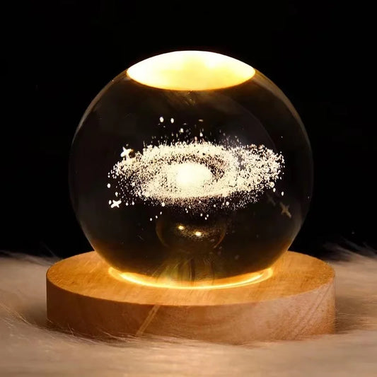 3D Saturn Crystal Ball Laser Engraved Glass Ball Globe Galaxy Astronomy with Wood Base Planets Ball for Birthday Christmas