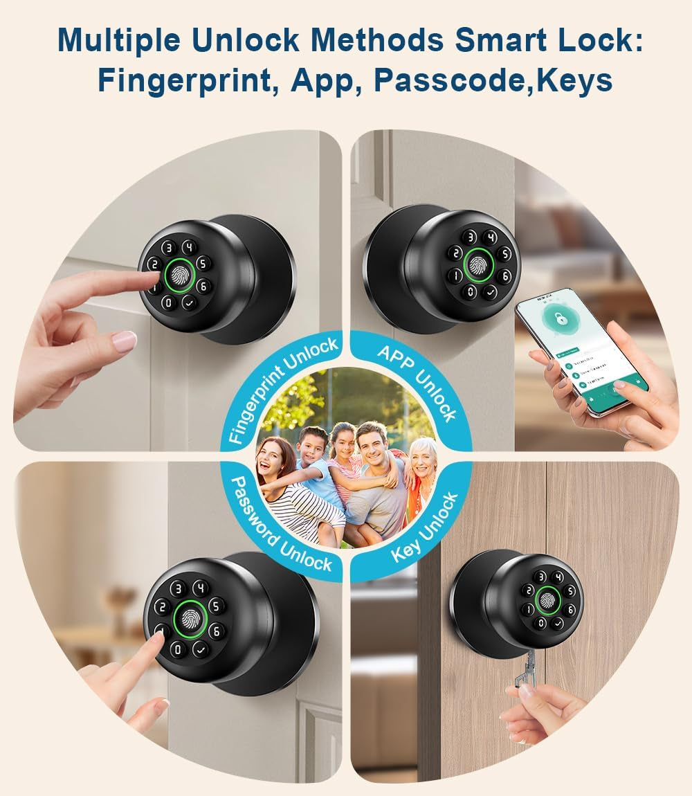 Fingerprint Door Lock, Smart Fingerprint Door Knob with Keypad, Biometric Door Knobs with App Control, Auto Lock Door Lock with Code, Keyless Door Knob with Locks for Bedroom, Home,Office-Matte Black