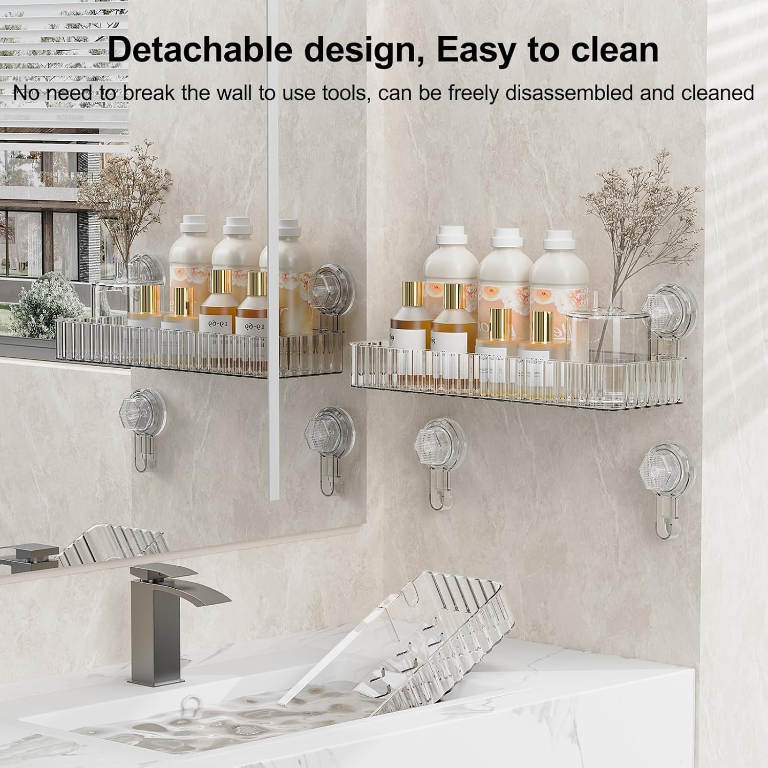 Shower Caddy Suction Cup Bathroom Shower Organizer for Bathroom Storage Home Decor & Kitchen No Drilling Large Capacity Removable and Reusable Shower Shelves for Inside. (Clear, Square)