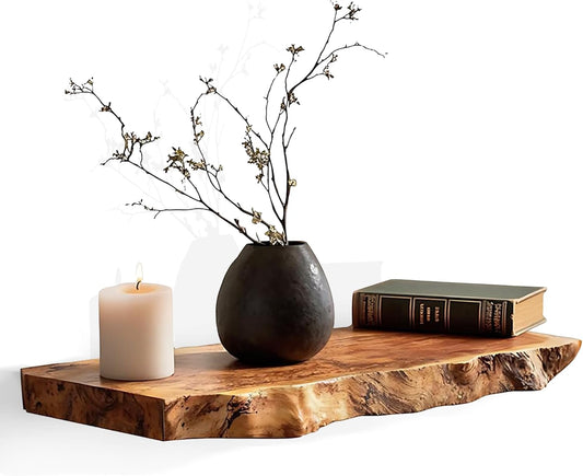Live Edge Floating Shelves - Solid Monkey Pod Wood, Heavy Duty Hidden Brackets, Handcrafted Farmhouse Wall Mounted Decor for Bedroom & Living Room - Natural, 12 X 8 X 1.4 In, Set of 1