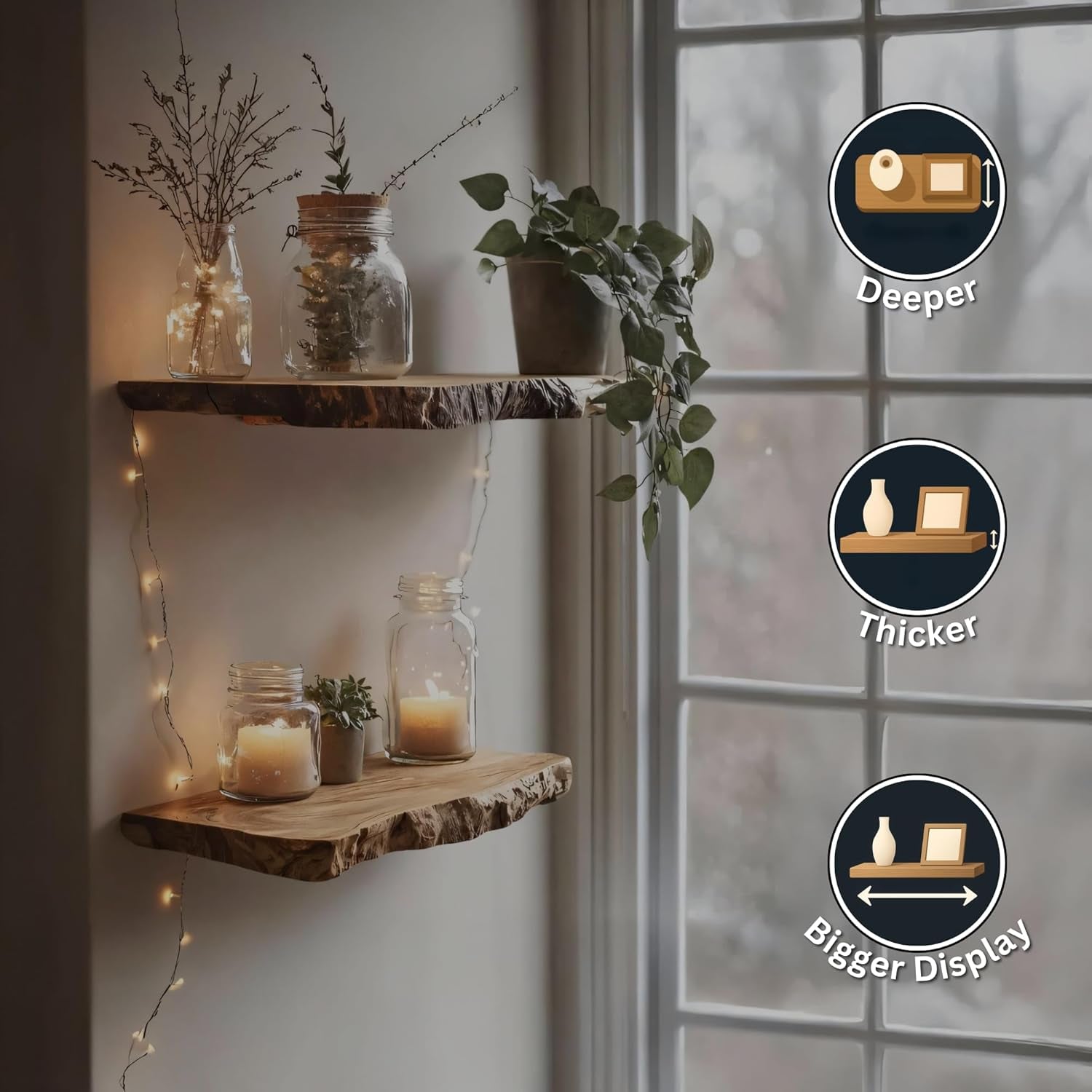 Live Edge Floating Shelves - Solid Monkey Pod Wood, Heavy Duty Hidden Brackets, Handcrafted Farmhouse Wall Mounted Decor for Bedroom & Living Room - Natural, 12 X 8 X 1.4 In, Set of 1