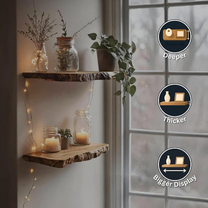 Live Edge Floating Shelves - Solid Monkey Pod Wood, Heavy Duty Hidden Brackets, Handcrafted Farmhouse Wall Mounted Decor for Bedroom & Living Room - Natural, 12 X 8 X 1.4 In, Set of 1