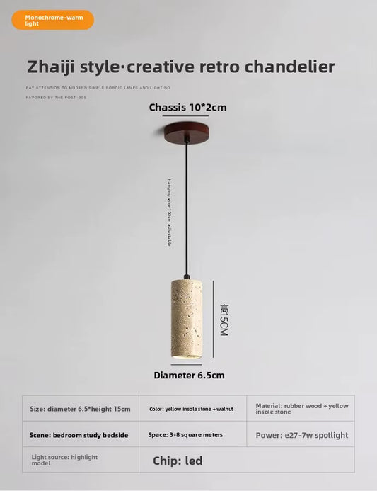 Yellow Travertine Wabi-Sabi Pendant Lamp, Vintage Walnut Bedside Chandelier for Bedroom, Living Room, Bar, Nordic Decor