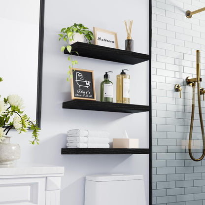 Floating Shelves for Wall, Wall Mounted Rustic Wood Shelves for Bathroom, Bedroom, Living Room, Kitchen, Hanging Shelf for Books/Storage/Room Decor with 22Lbs Capacity (Black, Set of 3, 15.7In)