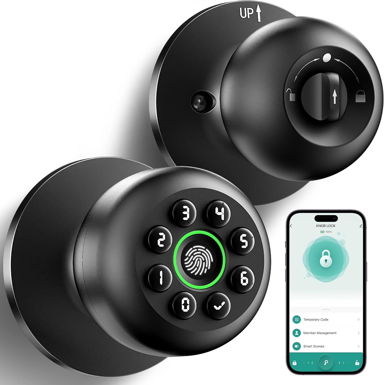 Fingerprint Door Lock, Smart Fingerprint Door Knob with Keypad, Biometric Door Knobs with App Control, Auto Lock Door Lock with Code, Keyless Door Knob with Locks for Bedroom, Home,Office-Matte Black